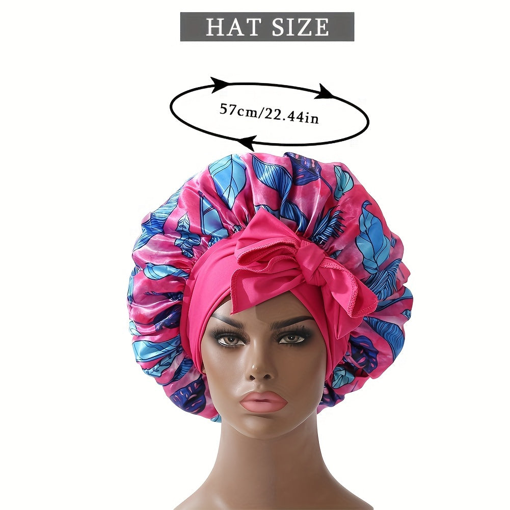 Flower Print Satin Bonnet Lightweight Sleeping Cap Wide Ribbon Hair Bonnets