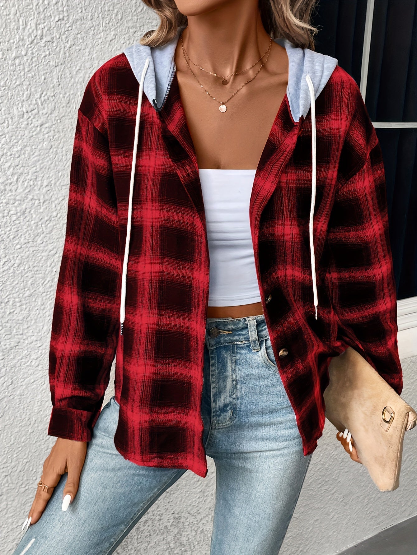 Plaid Print Hooded Jacket Casual Drawstring Long Sleeve