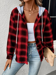 Plaid Print Hooded Jacket Casual Drawstring Long Sleeve