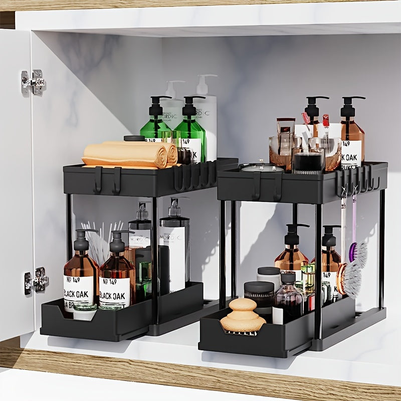 2 Tier Sliding Cabinet Basket Organizer with Hooks for Bathroom