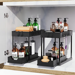 2 Tier Sliding Cabinet Basket Organizer with Hooks for Bathroom
