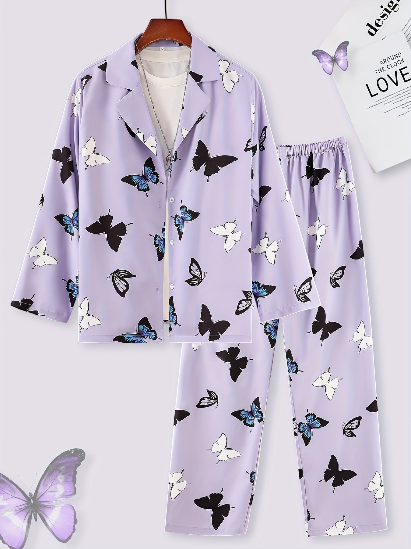 Butterfly Print Lounge Set Long Sleeve Top & Pants