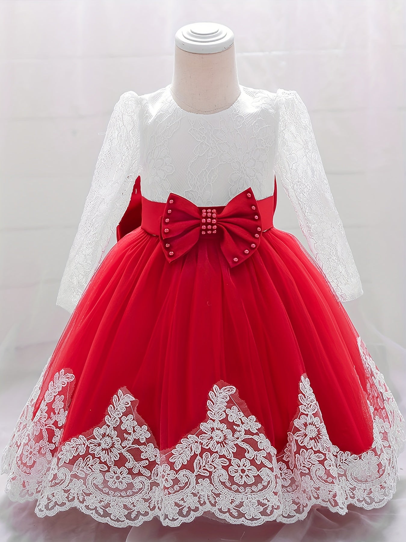Baby Girls Floral Embroidery Long Sleeve Mesh Gown Princess Dress