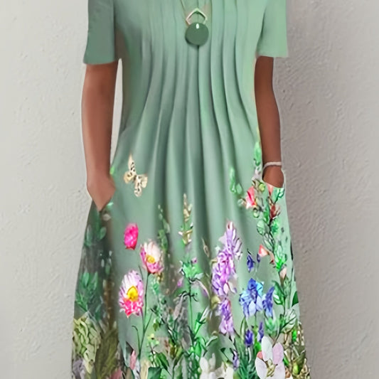 Floral Print Pleated Front Dress Short Sleeve Dual Pockets
