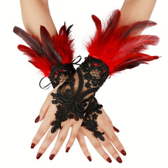 Gothic Rhinestone Feather Gloves Lace Cuff Wristband Cosplay Wedding Halloween