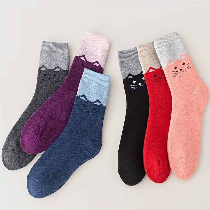 6 Pairs Cartoon Cat Print Socks Women's Stockings & Hosiery