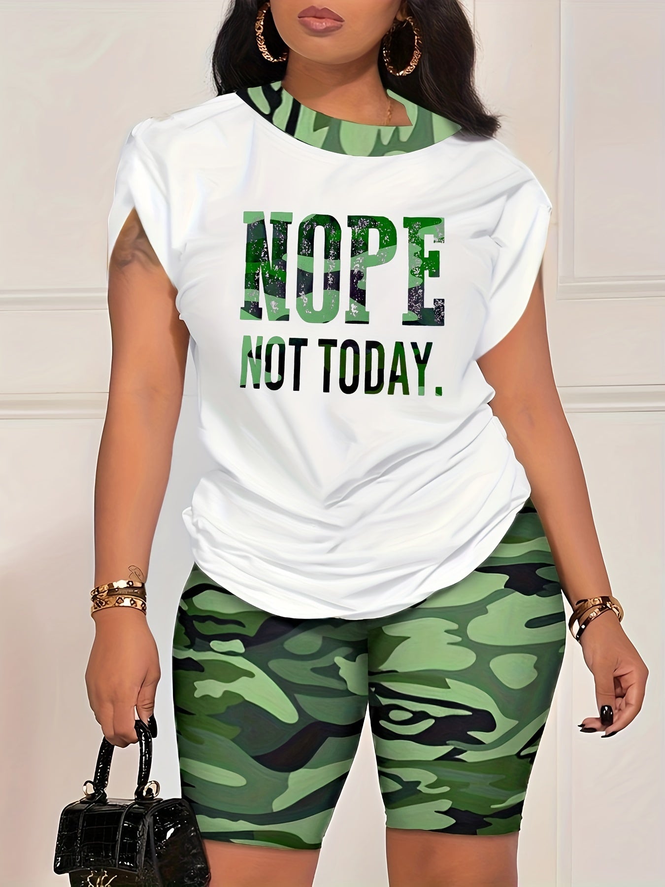 Camo Print 2pc Set: Crew Neck T-shirt & Shorts Women's Clothing