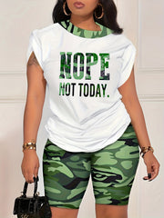 Camo Print 2pc Set: Crew Neck T-shirt & Shorts Women's Clothing