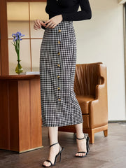 Houndstooth Button One Step Skirt Skinny Maxi Back Split