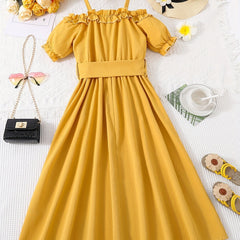 Girls Casual Solid Princess Pleated Dress Cold Shoulder Short Sleeves
