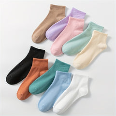 10 Pairs Women's Solid Crew Short Socks - Comfy & Breathable Stockings