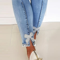 High Stretch Skinny Jeans Faux Pearl Decor Slim Fit Split Denim Pants