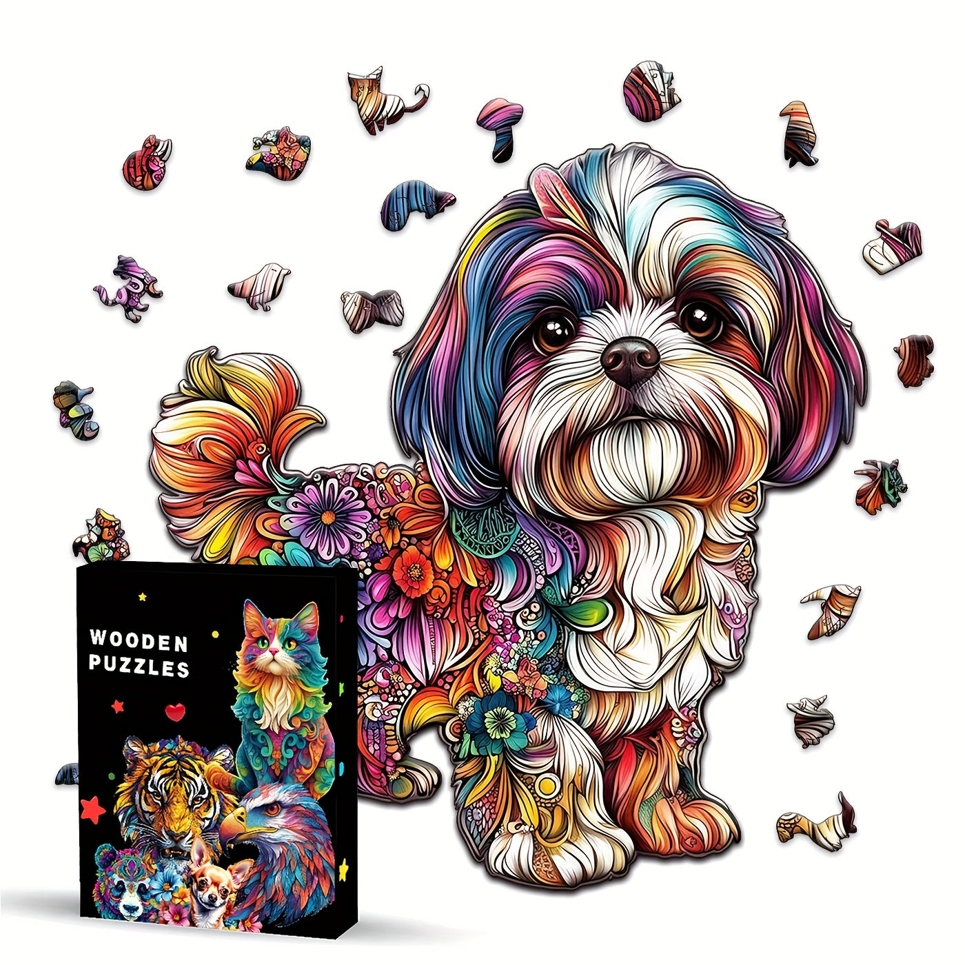 Colorful Shih Tzu Wooden Jigsaw Puzzle Floral Patterns