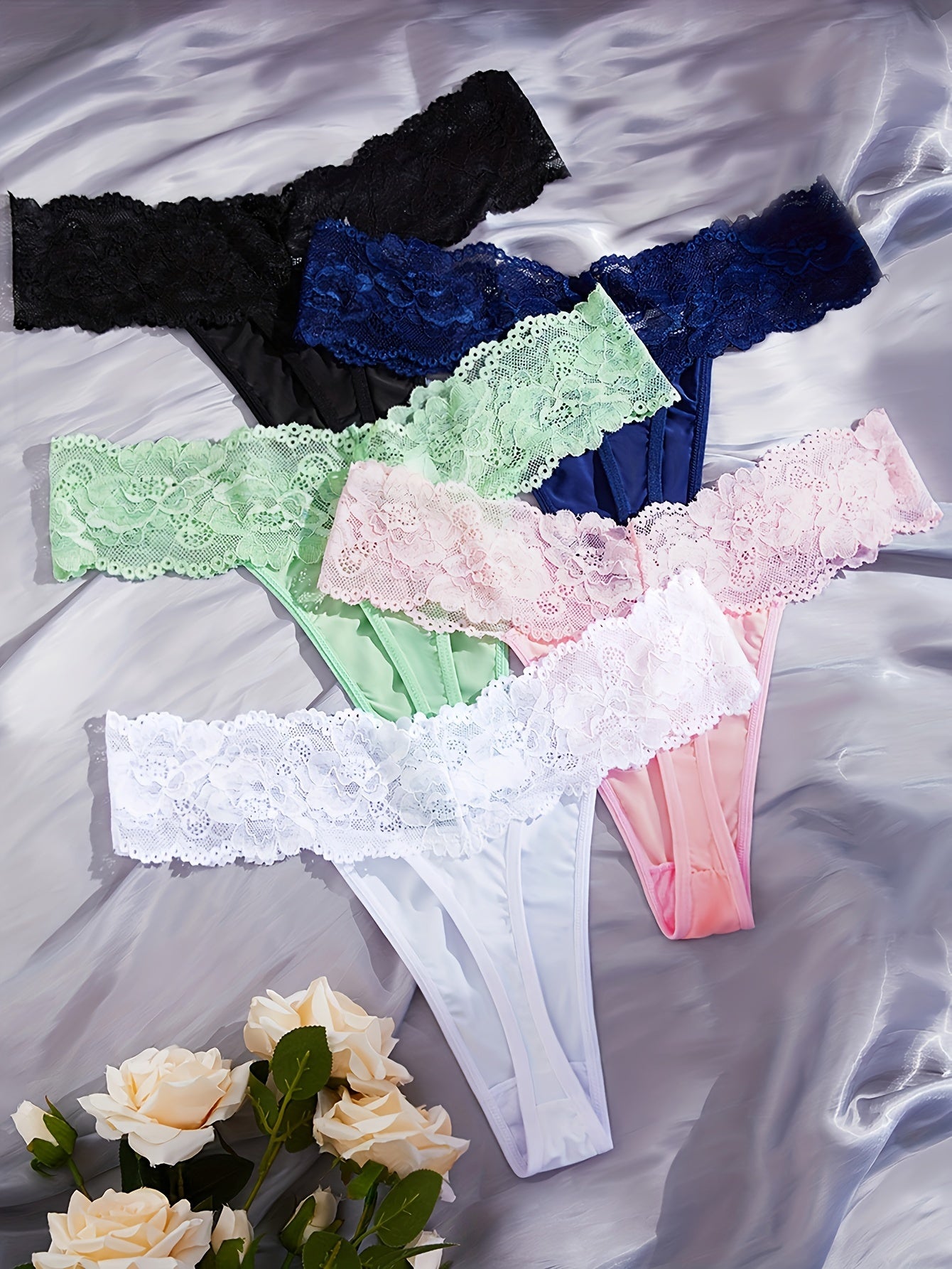 5 Pack Plus Size Sexy Lace Trim Comfort Thongs Set