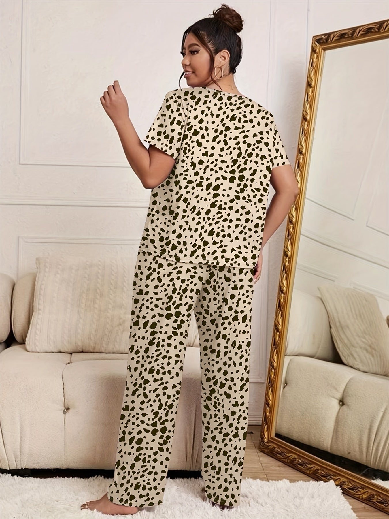 Leopard Print Pajama Set Short Sleeve Tee & Pants Lounge Set