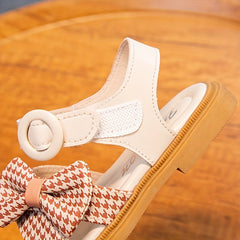 Toddler Girls Houndstooth Bowknot Strap Sandals Soft Sole Anti-skid Flat Shoes