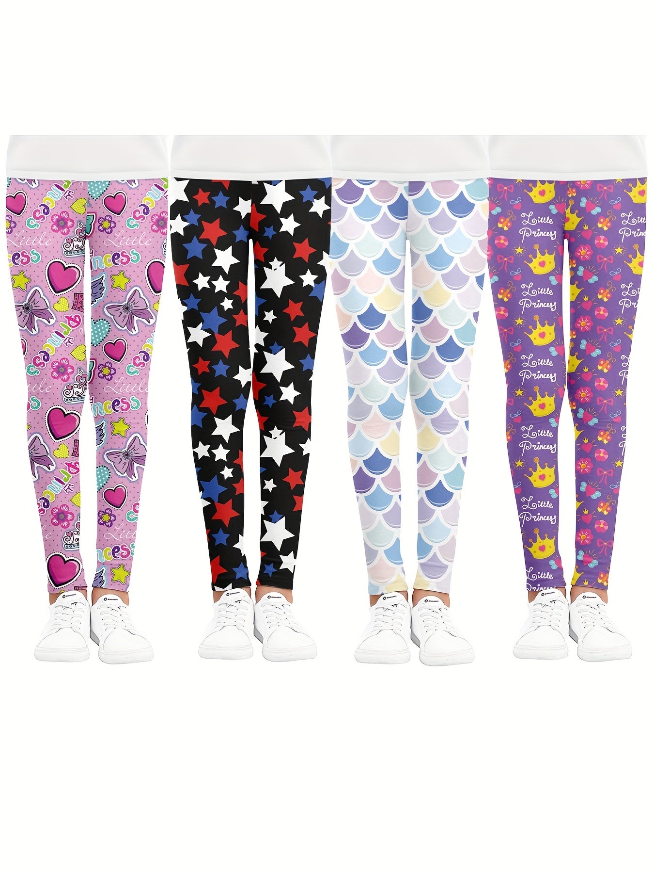 Girls Crown Stars Bow and Fish Scales Athletic Leggings