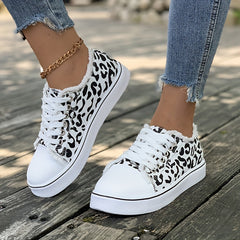 Leopard Print Canvas Sneakers Women Casual Lace Up Low Top Shoes