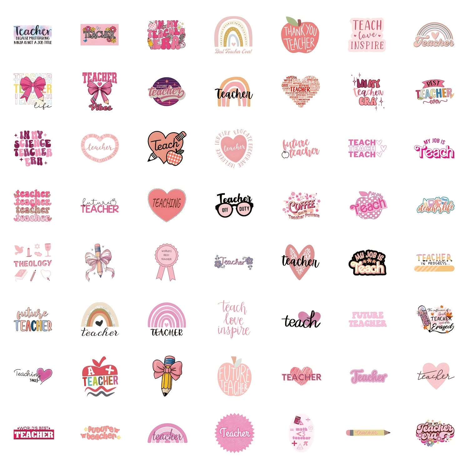 55pcs Pink Teacher Cartoon Stickers Set Vinyl Decals for Phones Laptops Water Bo