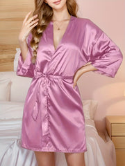 Letter Embroidery Night Robe Long Sleeve V Neck Robe With Belt Women's Sleepwear