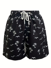 Coconut Tree Bird Pattern Print Men's Swim Trunks Quick Dry Beach Shorts