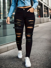 Ribbed Button Fly Mid Rise Skinny Jeans