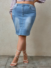 Casual Denim Skirt Washed Button Fly Ripped Slim Fit Midi