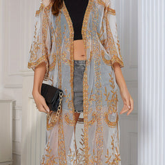 Floral Embroidery Sheer Open Front Cover Up