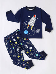 Boys Rocket Solar System Print Pajama Set Long Sleeve Round Neck Top & Pants