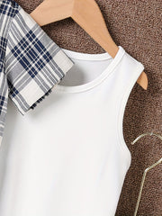 Boys Plaid Suit Short Sleeve Shirt&Vest&Shorts Kids Summer Clothing