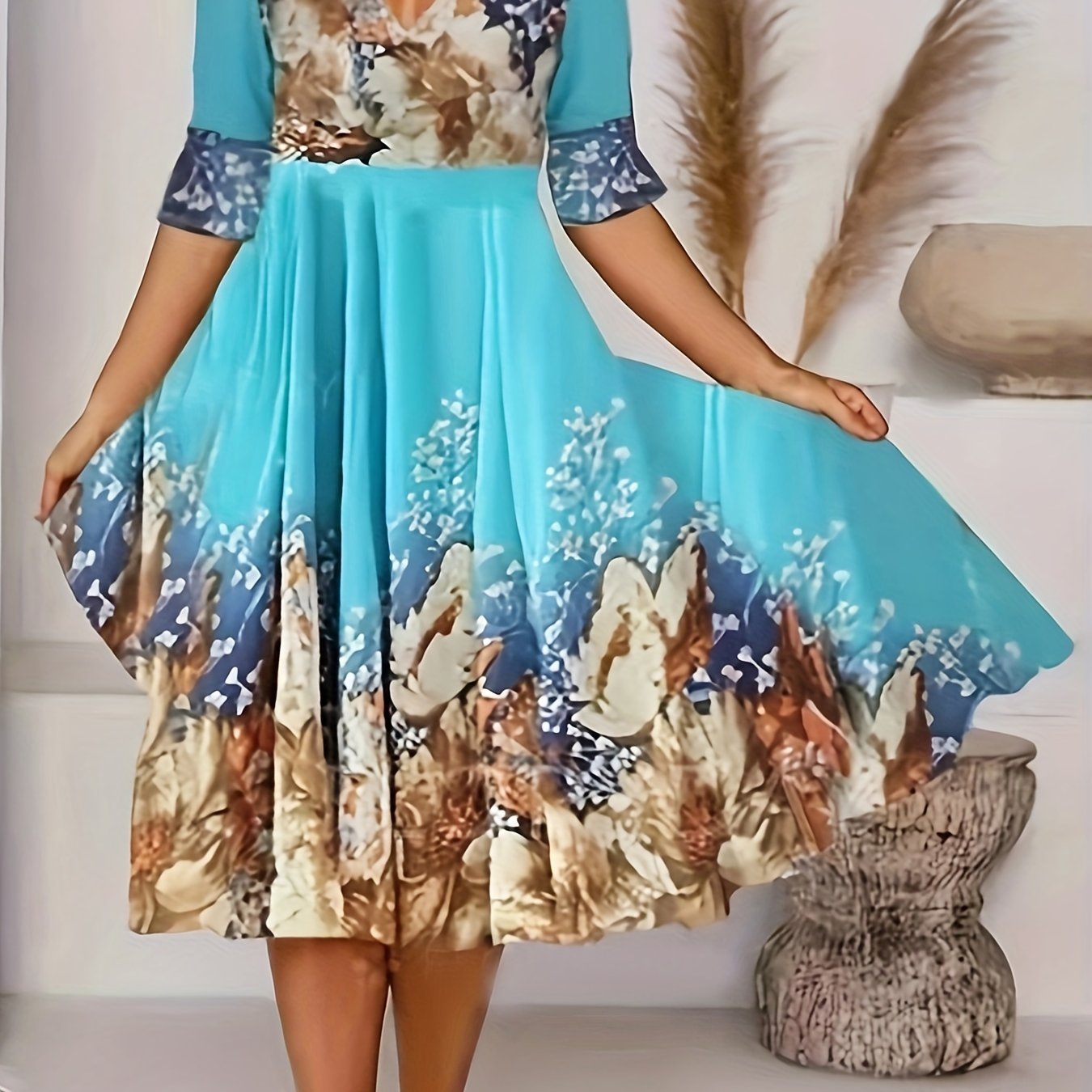 Colorblock Floral Print V-Neck Midi Dress