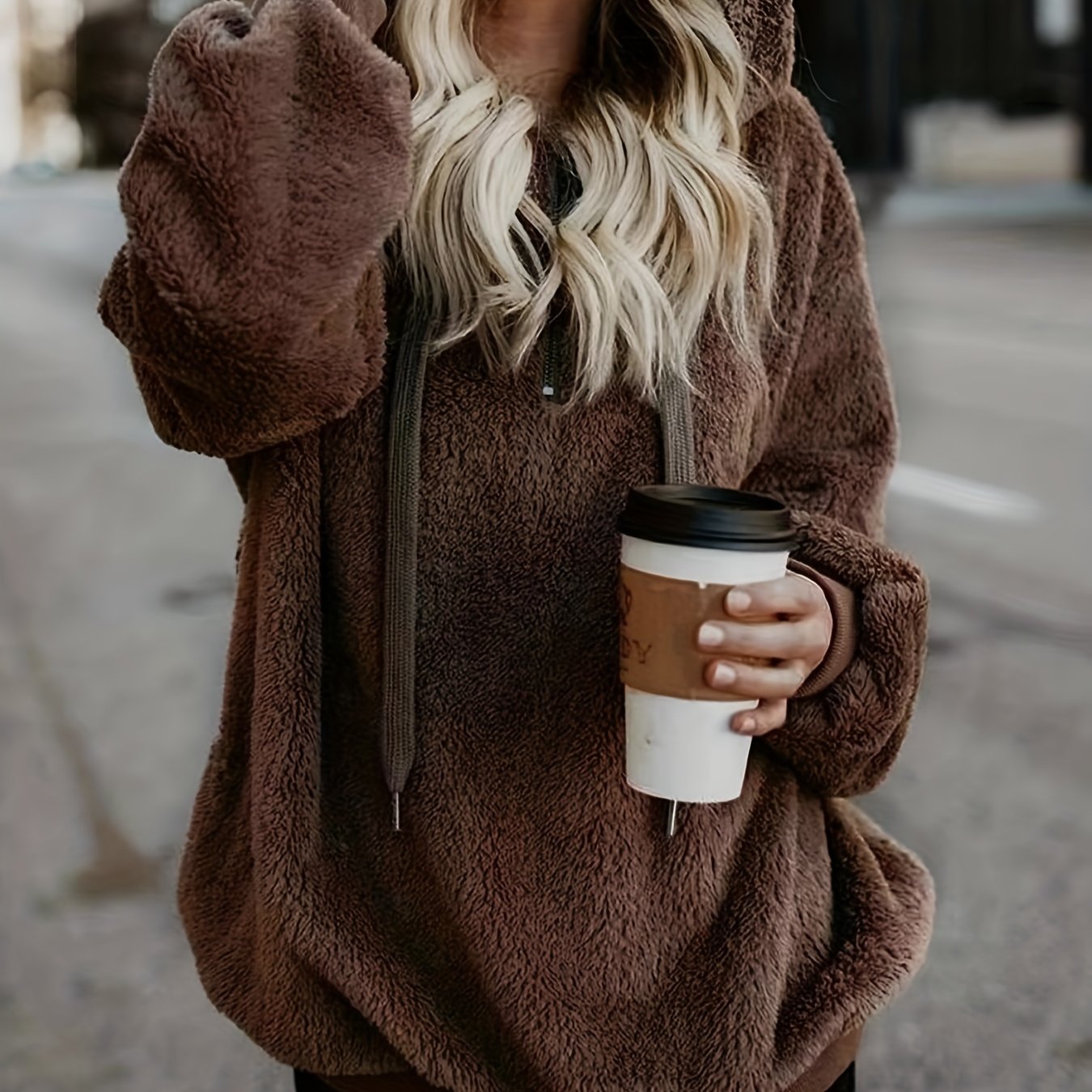 Solid Quarter Zip Fuzzy Hoodie Long Sleeve Hoodies Sweatshirt Women