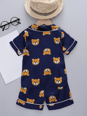 Girls Bear Pattern Pajama Set Short Sleeve Top & Shorts Kids Summer Clothes