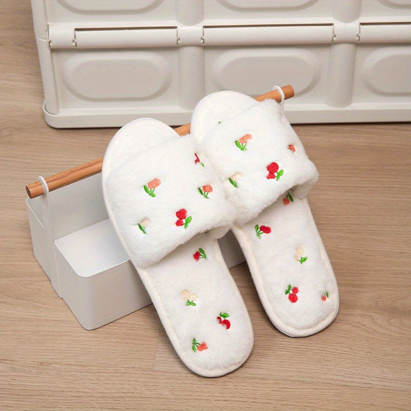 Cherry Pattern Plush Slippers Cozy Open Toe Fluffy Indoor Flat Shoes