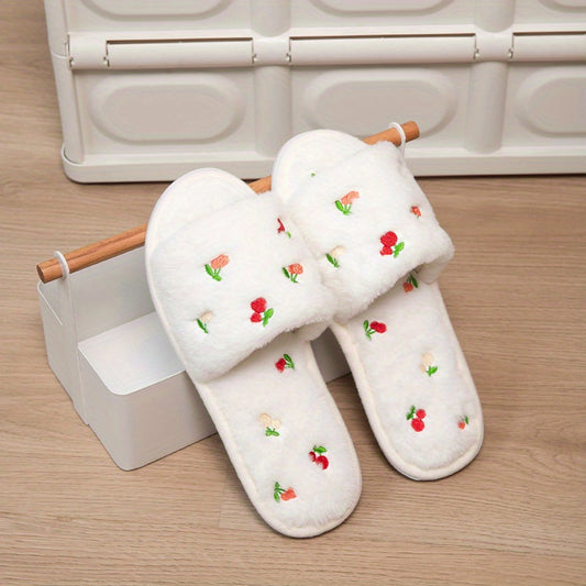 Cherry Pattern Plush Slippers Cozy Open Toe Fluffy Indoor Flat Shoes