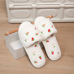Cherry Pattern Plush Slippers Cozy Open Toe Fluffy Indoor Flat Shoes