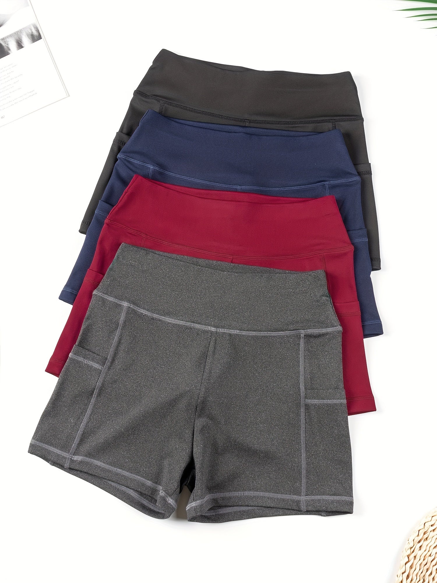 4pcs Women's High Stretch Yoga Sports Shorts With Side Pocket