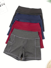4pcs Women's High Stretch Yoga Sports Shorts With Side Pocket