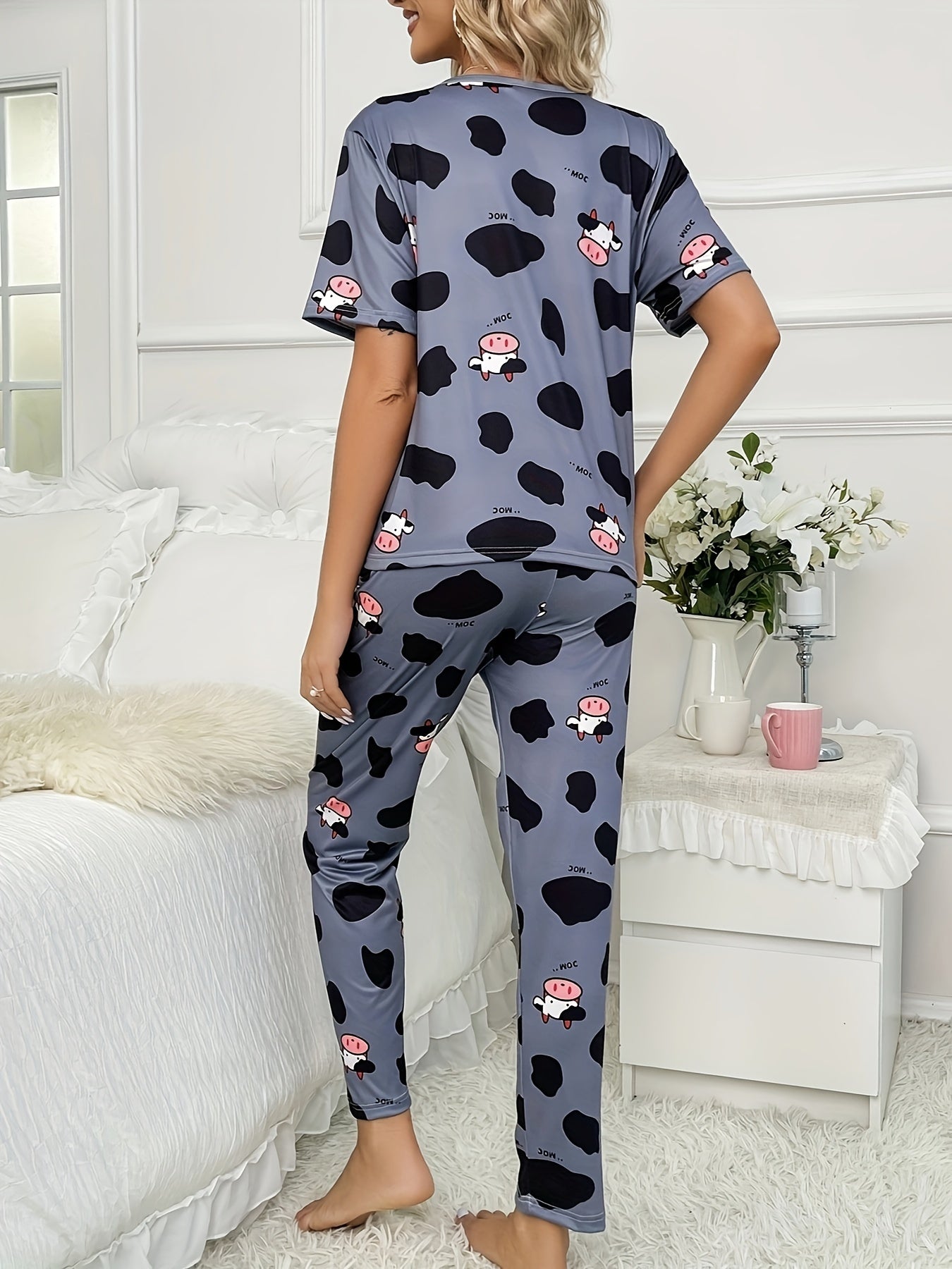 Cow Print Pajama Set Short Sleeve Crew Neck Top & Pants
