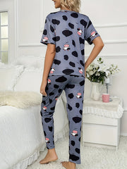 Cow Print Pajama Set Short Sleeve Crew Neck Top & Pants