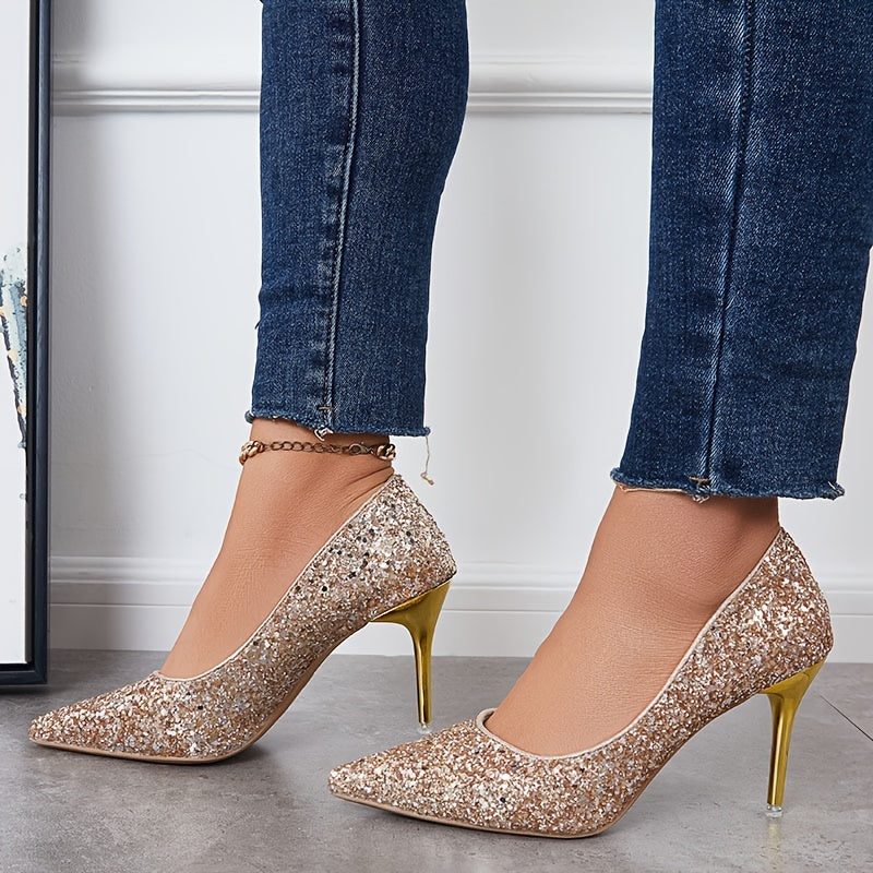 Women's Bling Sequins High Heels Glitter Pointed Toe Wedding Dress Pumps