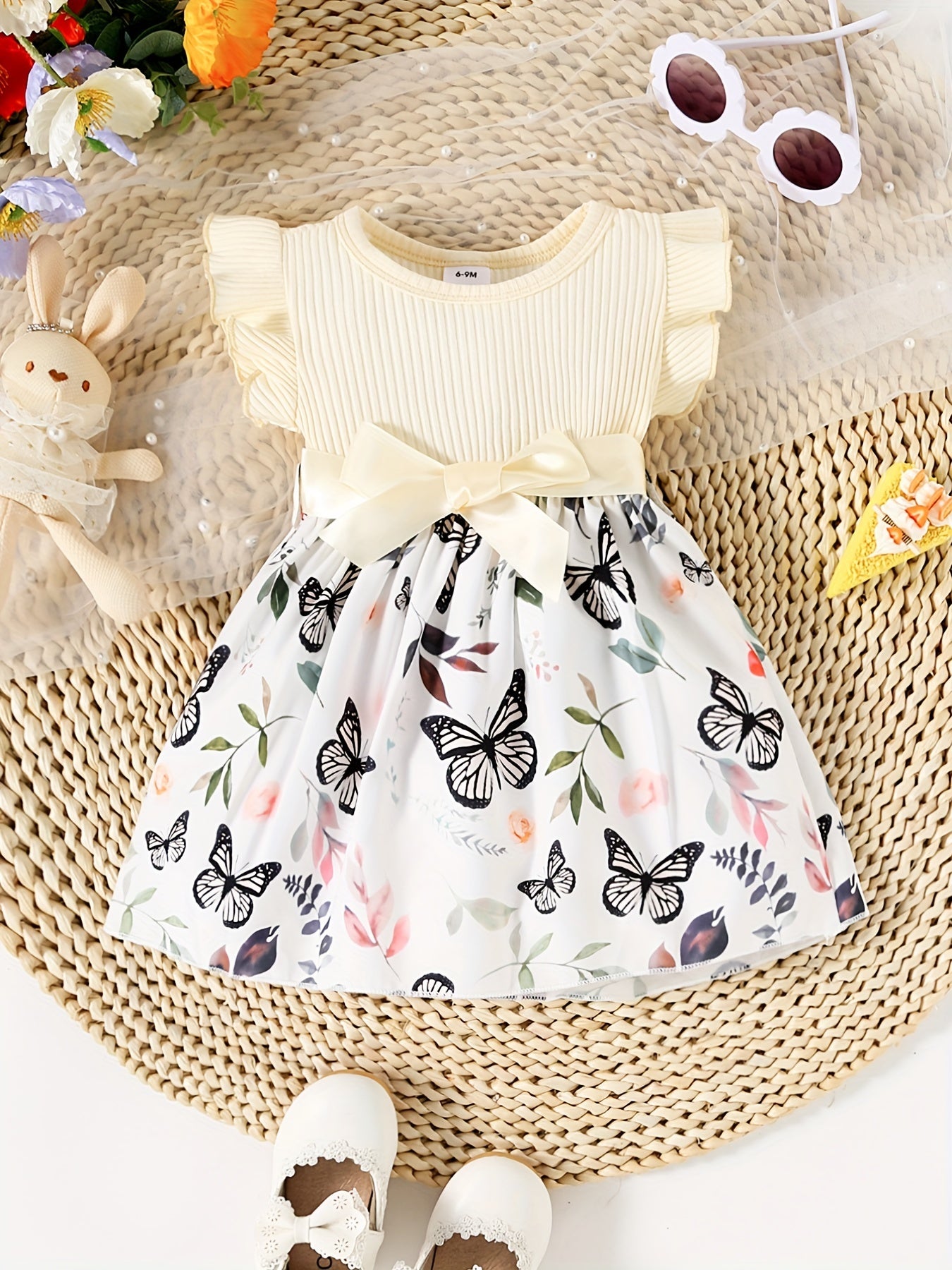Baby Girls Butterfly Print Ruffle Sleeve Dress Belted Kids Summer Clothes