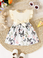 Baby Girls Butterfly Print Ruffle Sleeve Dress Belted Kids Summer Clothes