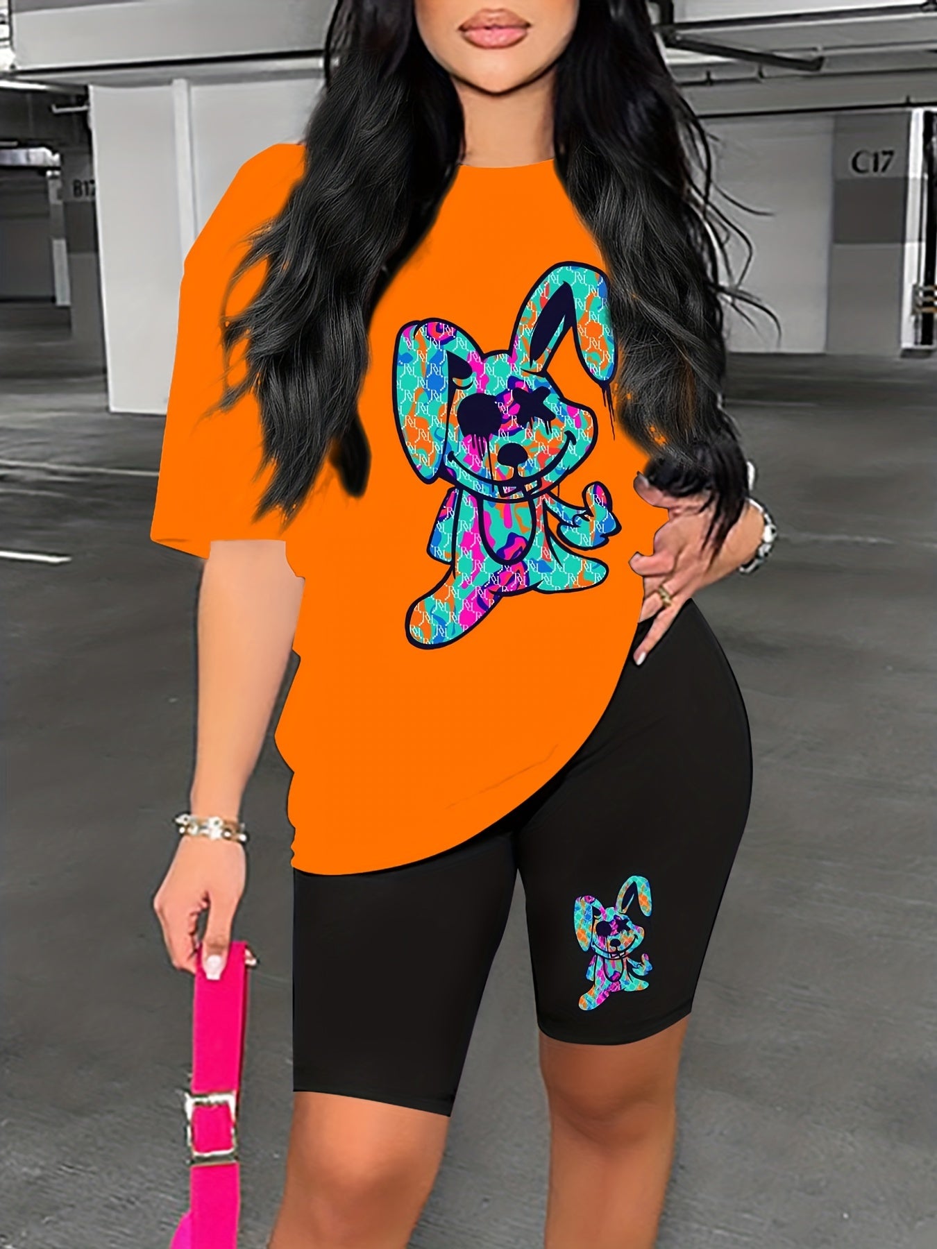 Cartoon Print 2pc Outfit Short Sleeve T Shirt & Shorts Set Women's Clothing