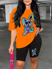 Cartoon Print 2pc Outfit Short Sleeve T Shirt & Shorts Set Women's Clothing