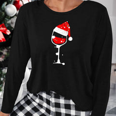 Christmas Lounge Top Women's Hat & Goblet Print Long Sleeve