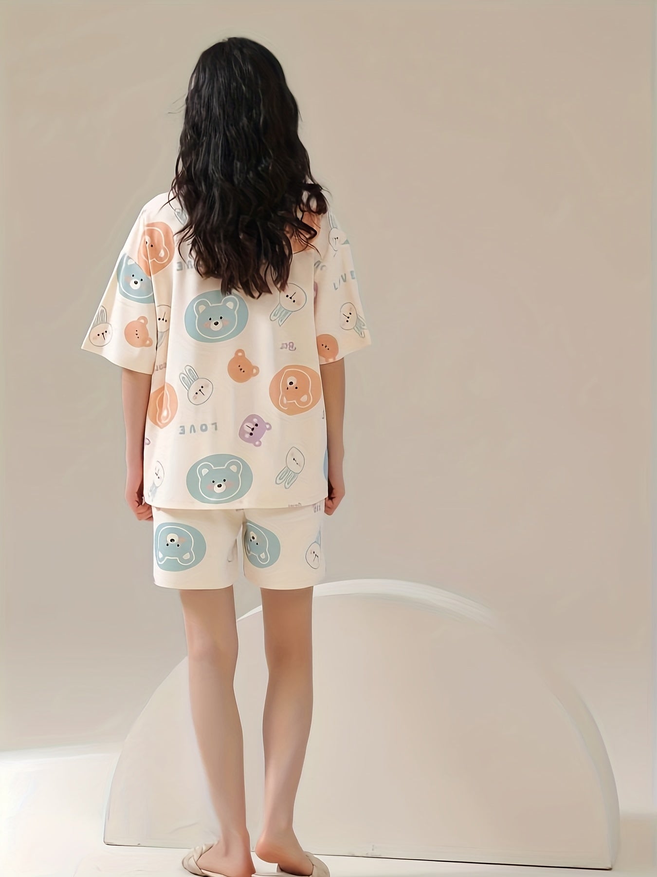 Bear Print Pajama Set Short Sleeve Crew Neck Top and Shorts PJ Set