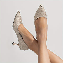 Studded Decor Satin Pumps Pointed Toe Solid Stiletto Heels