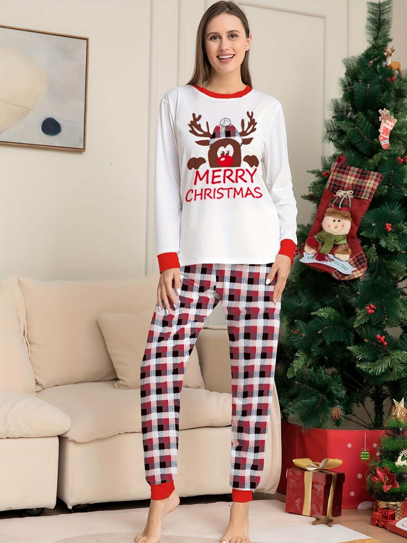 Christmas Elk Print Pajama Set Long Sleeve Top & Plaid Pants