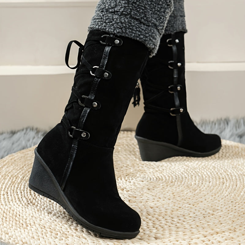 Women's Wedge Knee High Boots Cross Strap Back Lace Up Tassel Plush Comfy Shoes